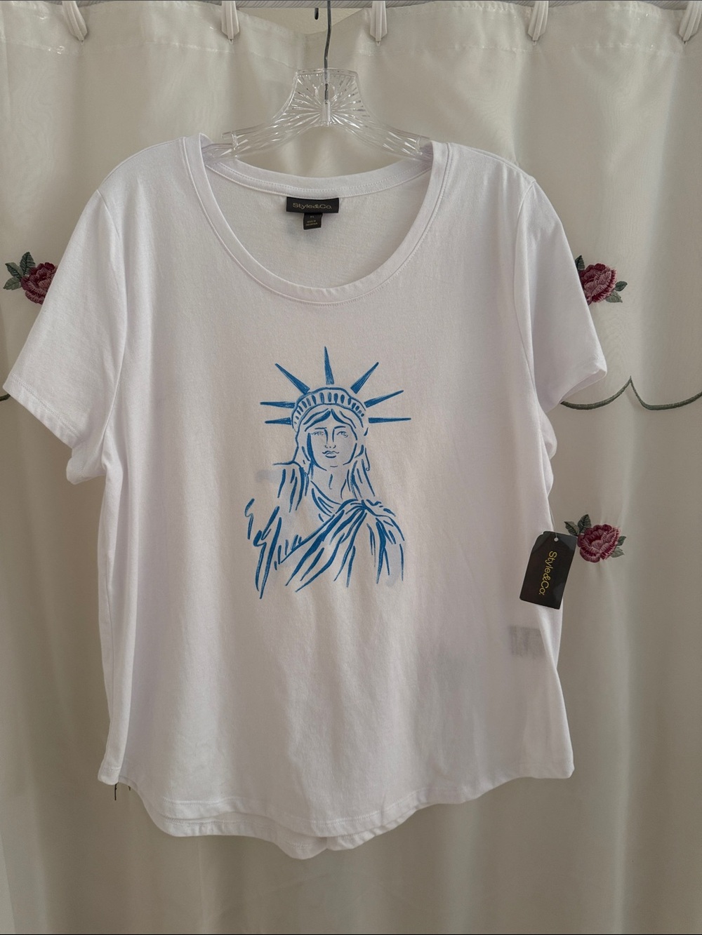 Style & Co. White Short-Sleeve Tee with Blue Liberty Sketch